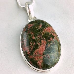 New Unakite Stone Silver Overlay Pendant Necklace w Chain